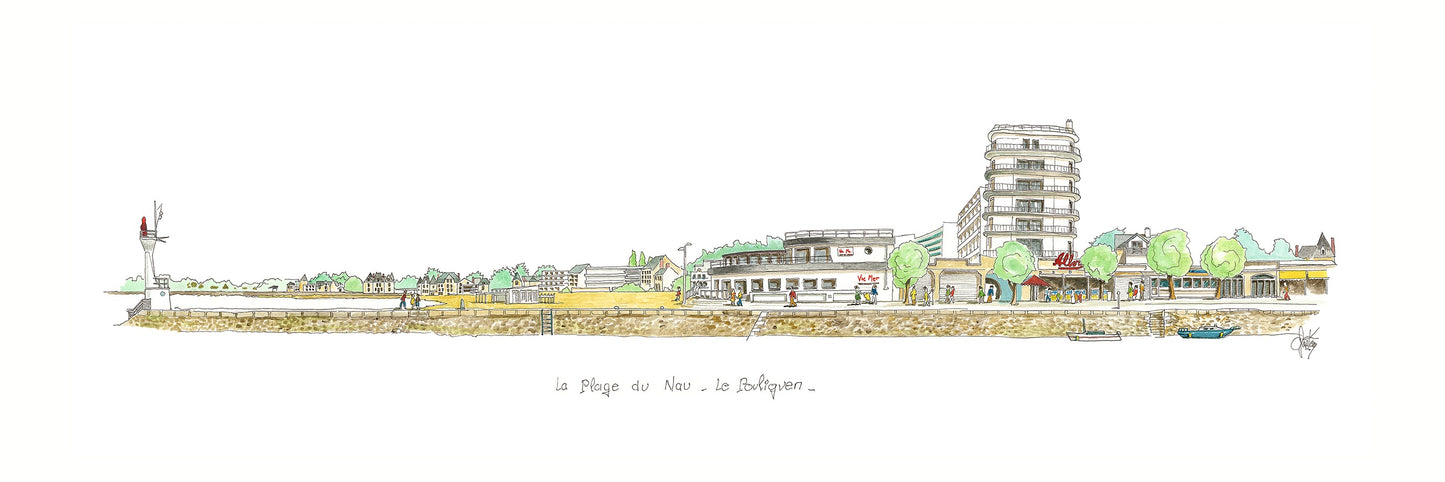 Un tableau aquarelle original de la plage du Nau au Pouliguen par Gérard Lusteau artiste peintre la Baule. Fine art