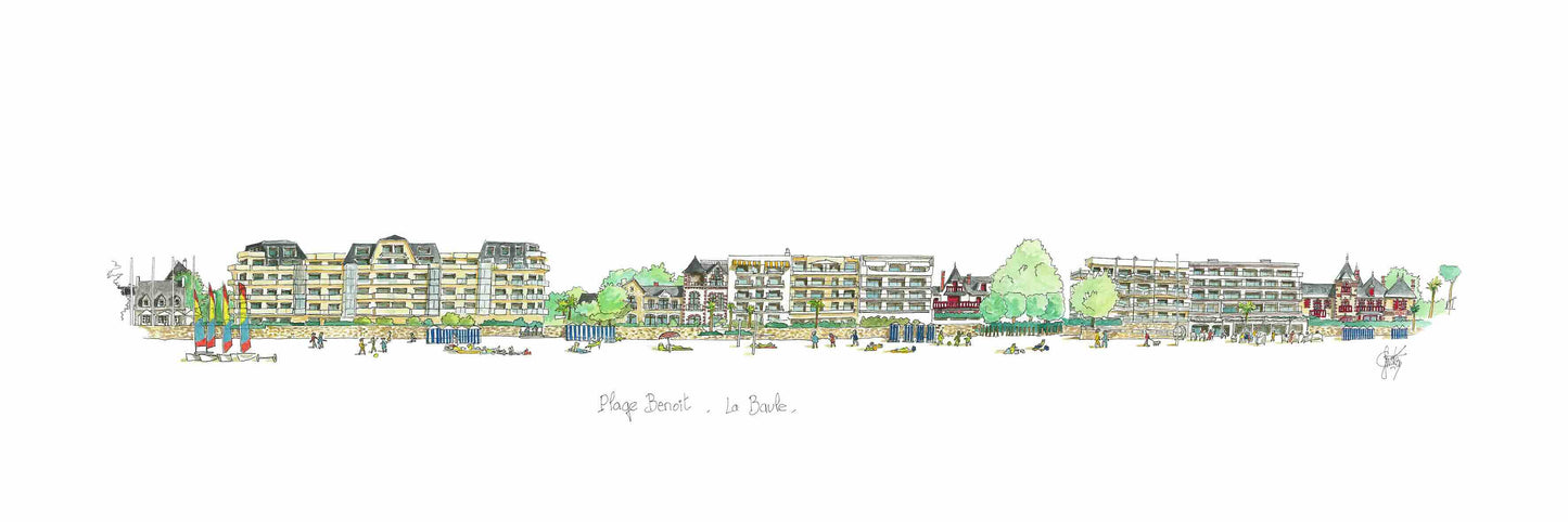 Un tableau aquarelle original de la plage benoit 1 la Baule par Gérard Lusteau artiste peintre La Baule. Fine art.