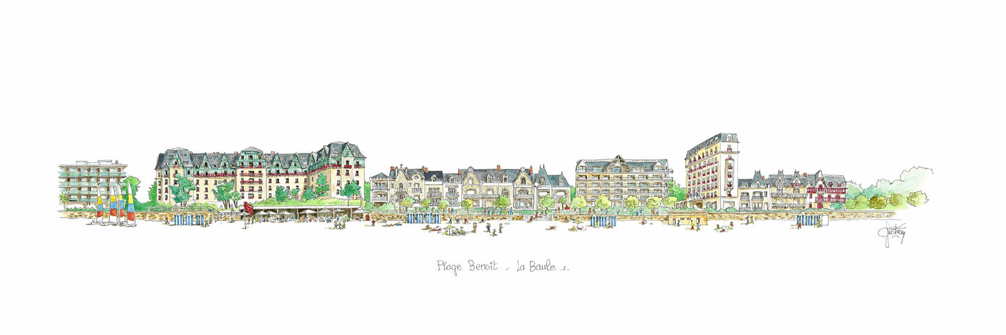 Un tableau aquarelle originale de la plage Benoit 2 à La Baule par Gérard Lusteau artiste peintre la Baule. L'hotel Hermitage, l'hotel Mercure majestic