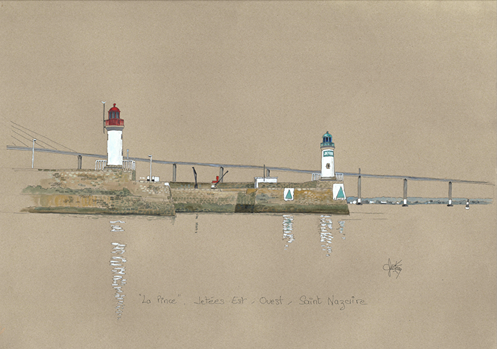 Une aquarelle originale de la pince jetée est à Saint-Nazaire par Gérard Lusteau artiste peintre. Impression haute qualité fine art.