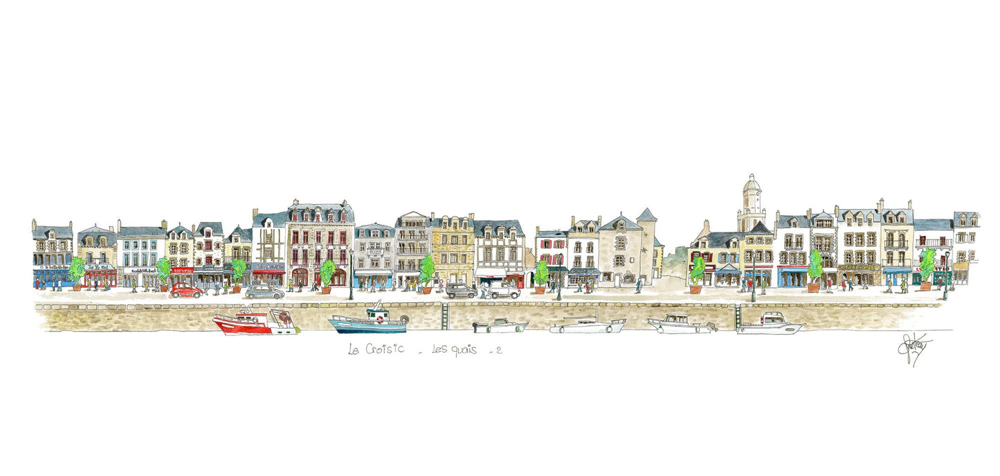 Une carte postale aquarelle des quai du Croisic 2 par Gérard Lusteau artiste peintre La Baule