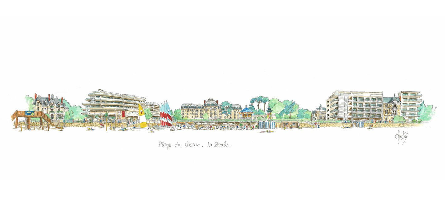 Carte postale de la plage du casino à La Baule. par Gérard Lusteau artiste peintre la Baule. Hotel Royal et club de l'étoile