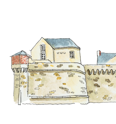 Détail 13d'une aquarelle originale des remparts à Vannes par Gérard Lusteau artiste peintre la Baule. Impression haute qualité fine art.