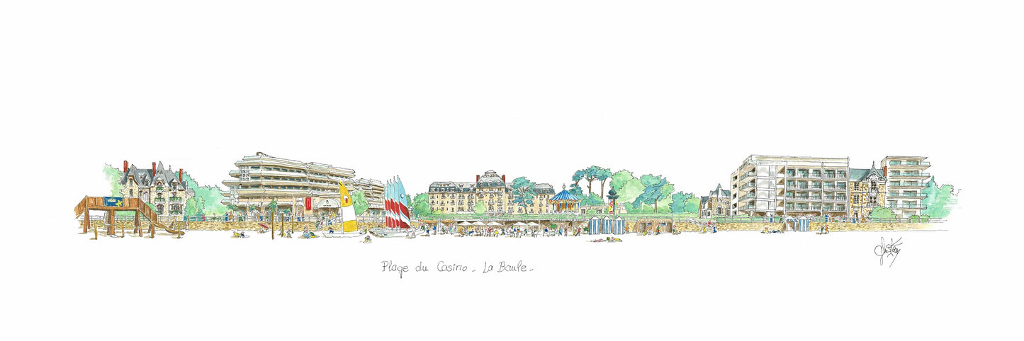 Un tableau aquarelle originale de la plage du casino à la Baule par Gérard Lusteau artiste peintre la Baule. L'hotel Royal et le club de l'étoile