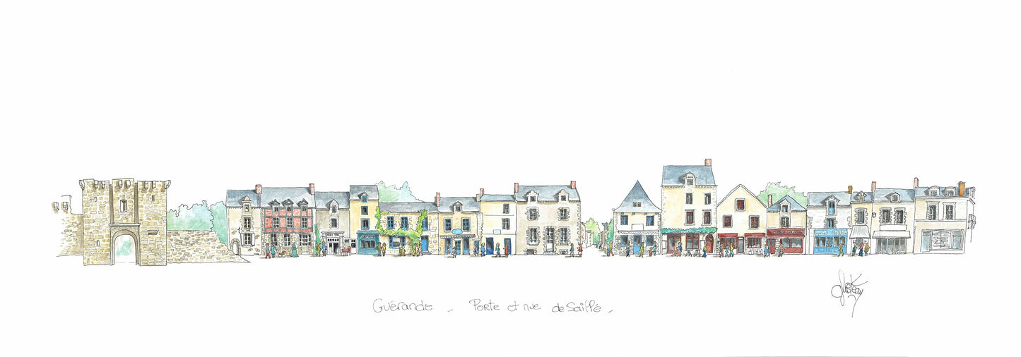 Un tableau aquarelle originale de la rue du Pilori à Guérande par Gérard Lusteau artiste peintre la Baule. Fine art.