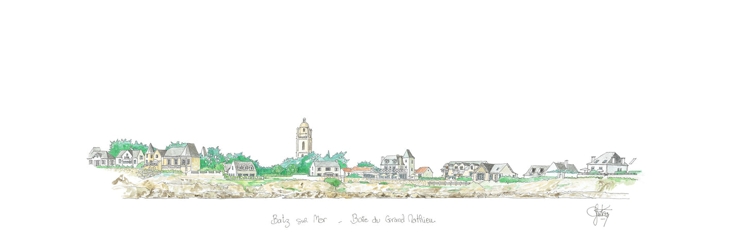 Un tableau aquarelle de la baie du grand Matthieu Batz sur mer par Gérard Lusteau Artiste peintre la Baule. Fine art