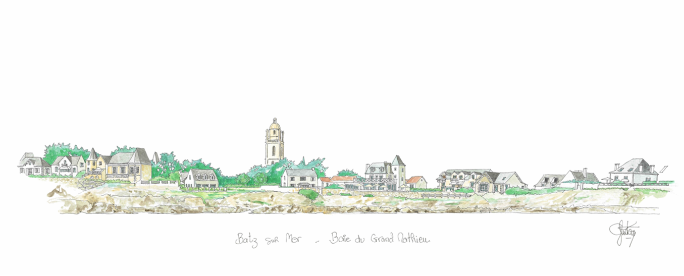 Un tableau aquarelle de la baie du grand Matthieu Batz sur mer par Gérard Lusteau Artiste peintre la Baule. Fine art
