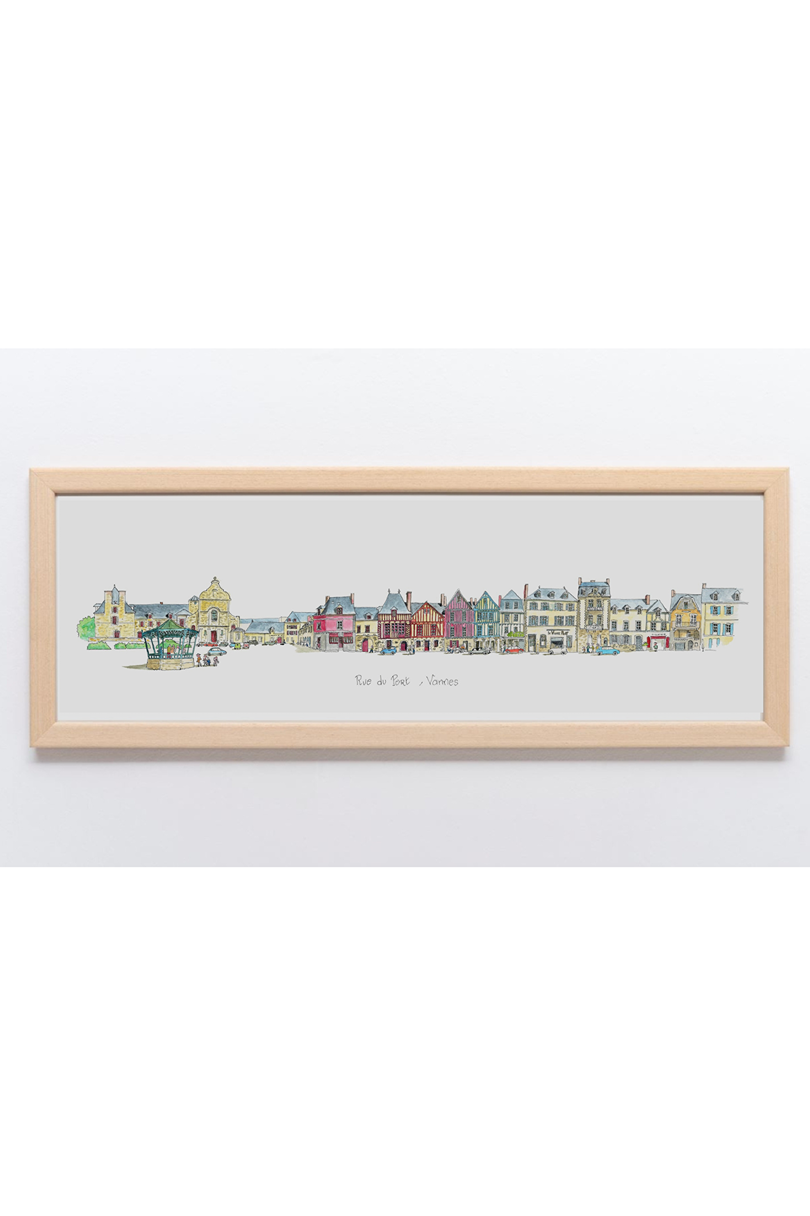 Une aquarelle originale de la rue du port à Vannes par Gérard Lusteau artiste peintre la Baule. Impression haute qualité fine art. bois