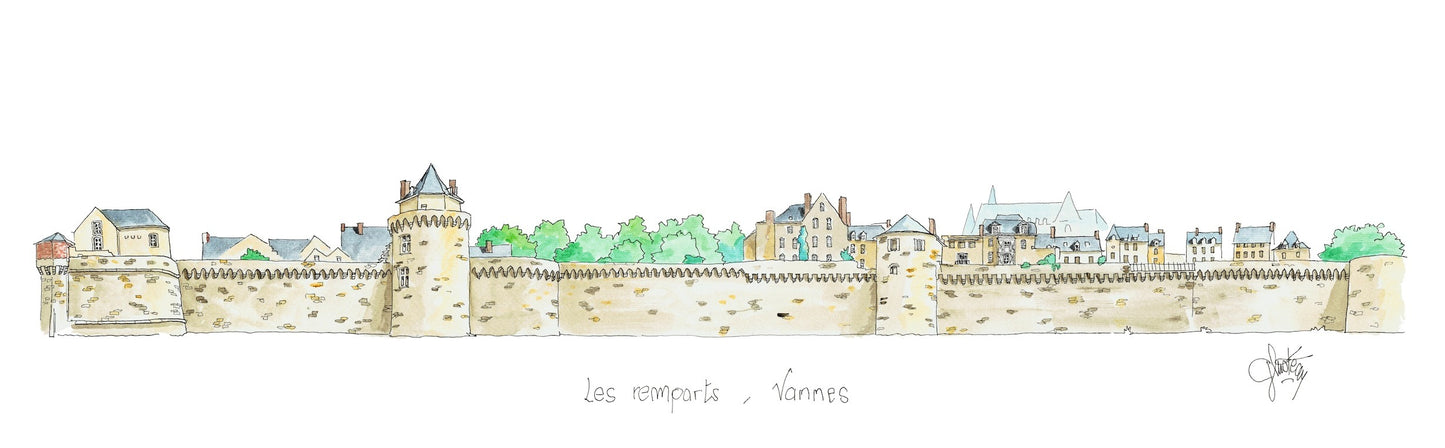 Une aquarelle originale des remparts à Vannes par Gérard Lusteau artiste peintre la Baule. Impression haute qualité fine art.