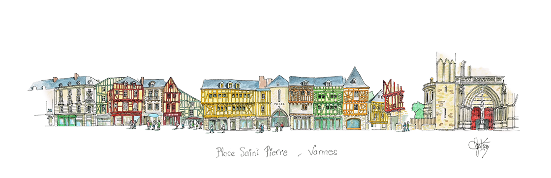 Tableau aquarelle original de la place Saint-Pierre à Vannes. Impression fine art haute qualité Série limitée et numérotée. Gérard Lusteau, artiste peintre la Baule