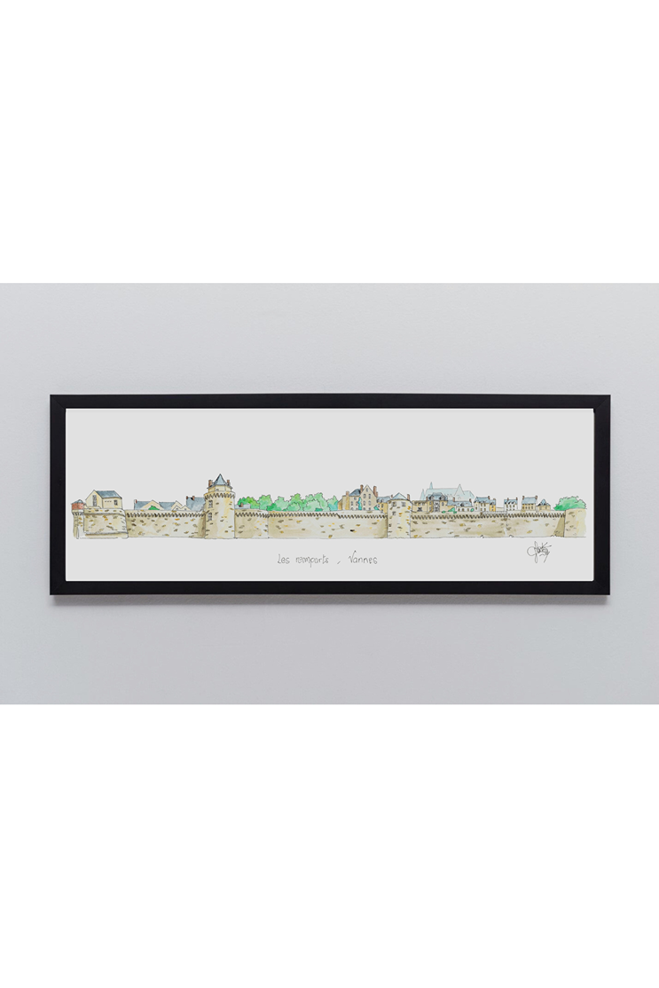Aquarelle originale encadrée noir ddes remparts de Vannes par Gérard Lusteau artiste peintre la Baule