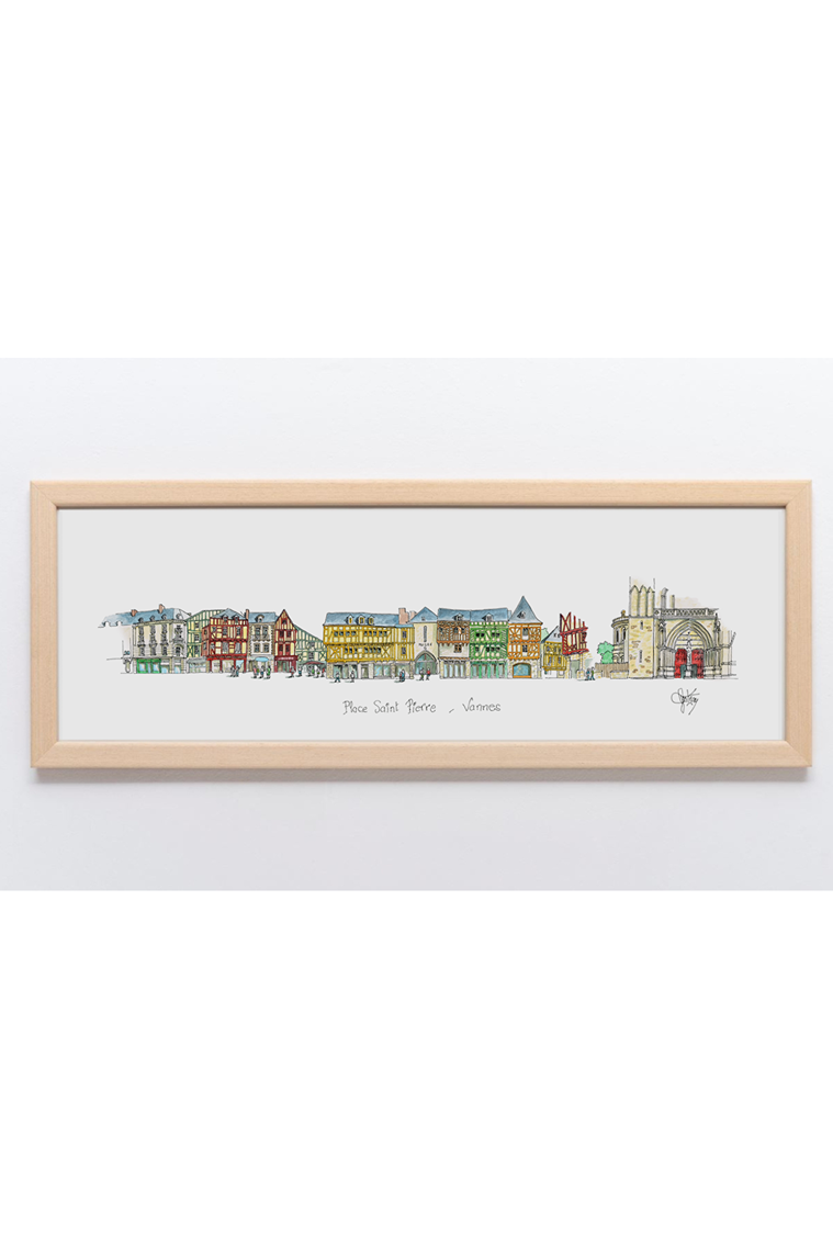 Aquarelle originale encadrée bois de la place Saint-Pierre à Vannes par Gérard Lusteau artiste peintre la Baule