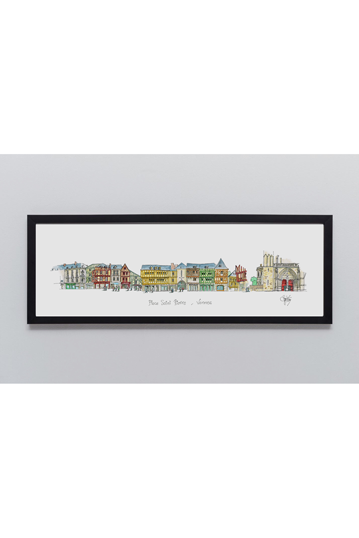 Aquarelle originale encadrée noir de la place Saint-Pierre à Vannes par Gérard Lusteau artiste peintre la Baule
