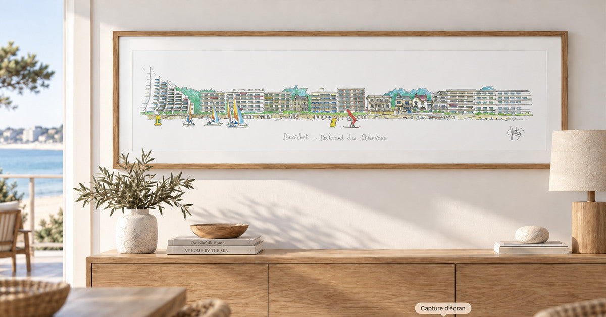 Tableau représentant le boulevard des Océanides à Pornichet présenté dans un intérieur de bord de mer