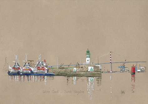 Une aquarelle originale de la Jetée Ouest du ort de Saint-Nazaire par Gérard Lusteau artiste peintre la Baule. Impression haute qualité fine art.