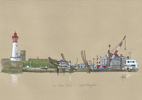 Une aquarelle originale du vieux Môle à Saint-Nazaire par Gérard Lusteau artiste peintre la Baule. Impression haute qualité fine art.