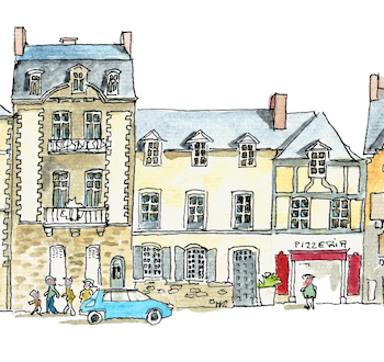Détail 1 aquarelle originale de la rue du port à Vannes par Gérard Lusteau artiste peintre la Baule. Impression haute qualité fine art.