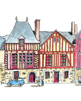 Détail 2 aquarelle originale de la rue du port à Vannes par Gérard Lusteau artiste peintre la Baule. Impression haute qualité fine art.