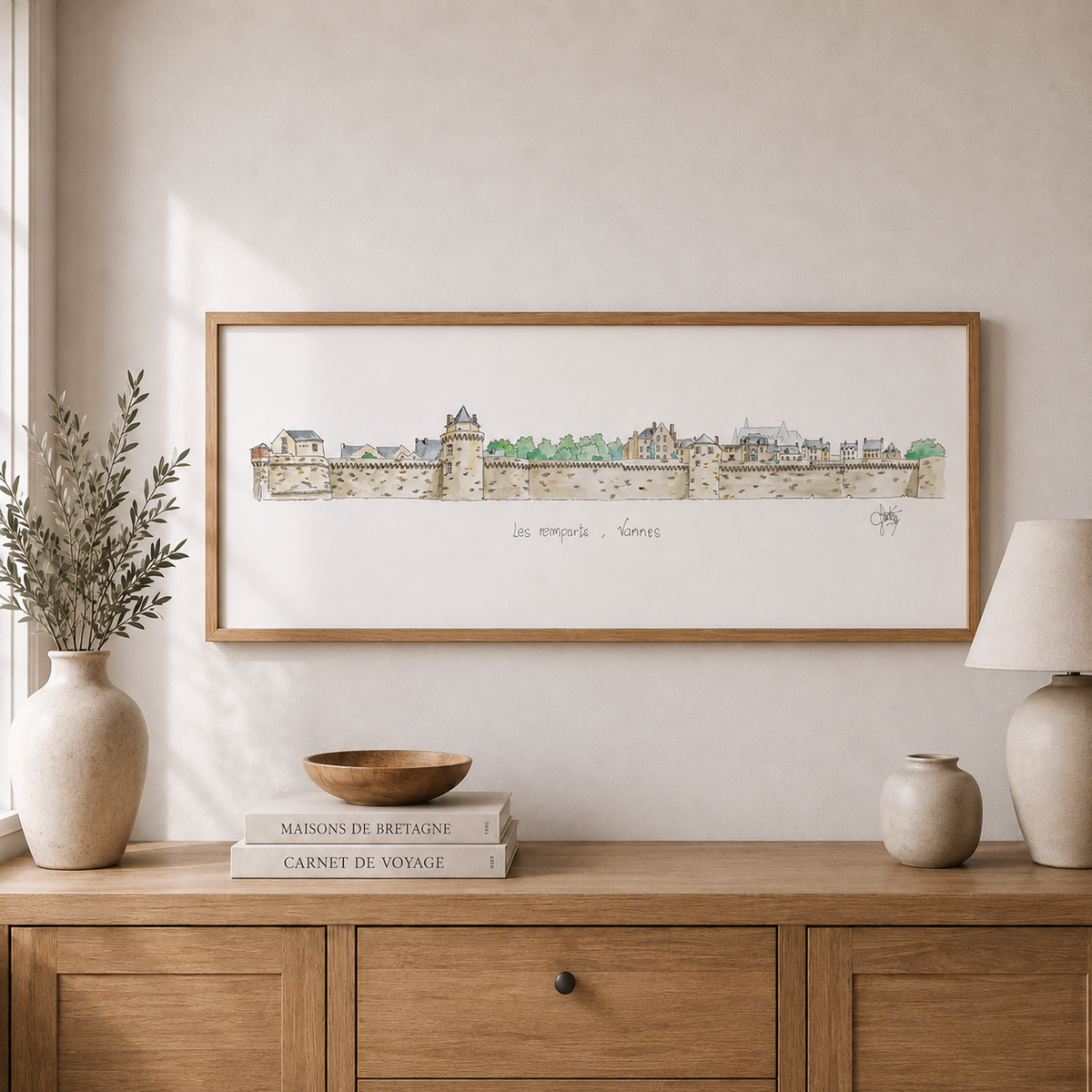 Tableau des remparts de Vannes présenté dans un intérieur