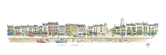 une vue originale des quais du Croisic avec ses vieilles maisons de pierre, ses bateaux de peche et son clocher. Aquarelle réalisée par Gérard Lusteau en juin 2024
