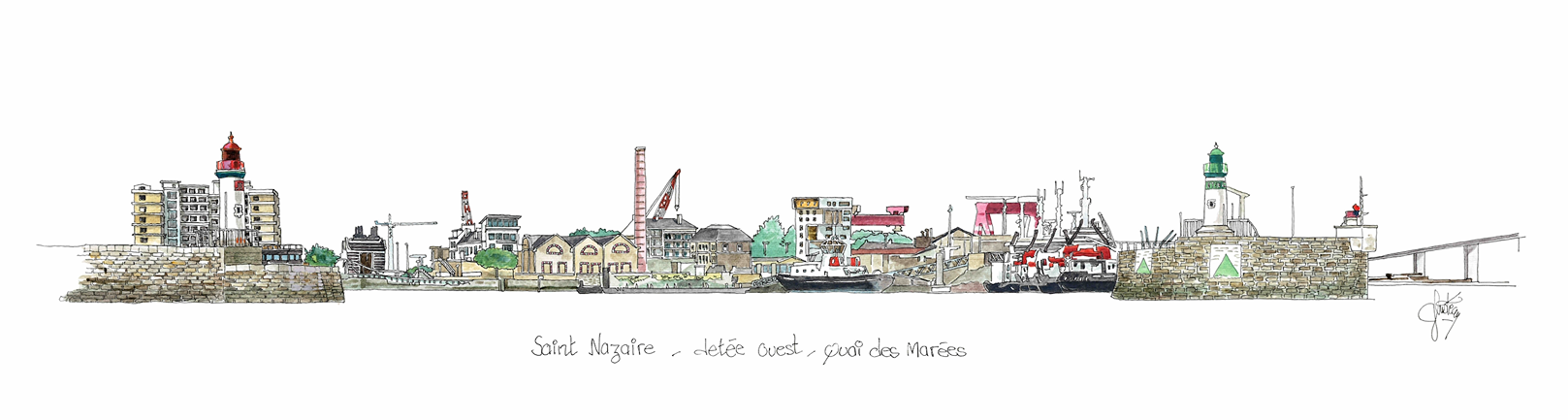 La Jetée des Marées à Saint-Nazaire en aquarelle par Gérard Lusteau. Tirage Fine Art numéroté inspiré du patrimoine portuaire nazairien.