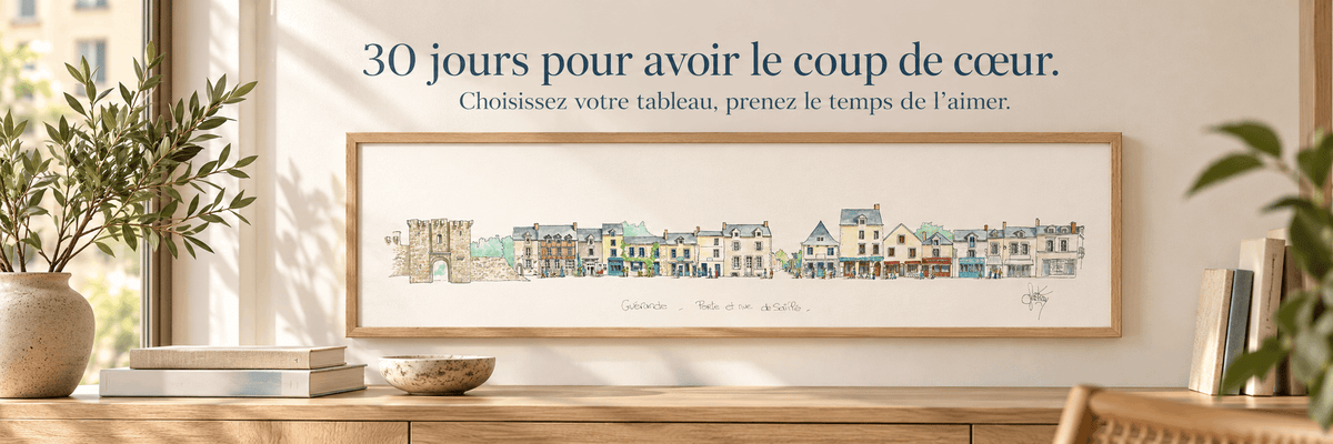 Aquarelle panoramique de la porte de saillé à Guérande dans un intérieur