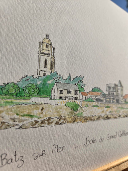 Détail de l’aquarelle représentant la baie du Grand Mathieu à Batz-sur-Mer – Gérard Lusteau