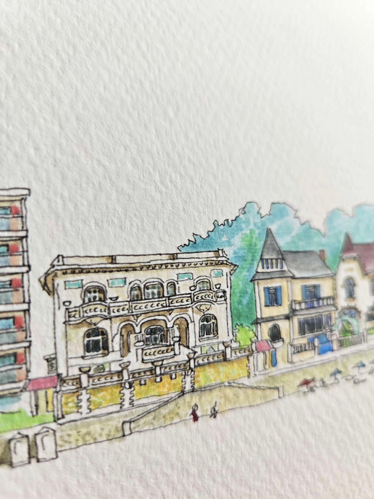 Détail de l’aquarelle représentant le boulevard des Océanides à Pornichet – Gérard Lusteau