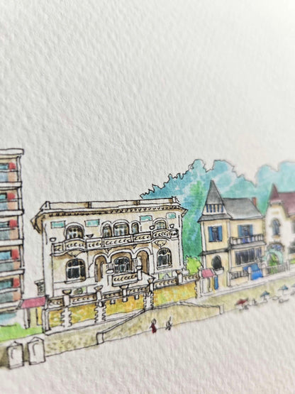 Détail de l’aquarelle représentant le boulevard des Océanides à Pornichet – Gérard Lusteau