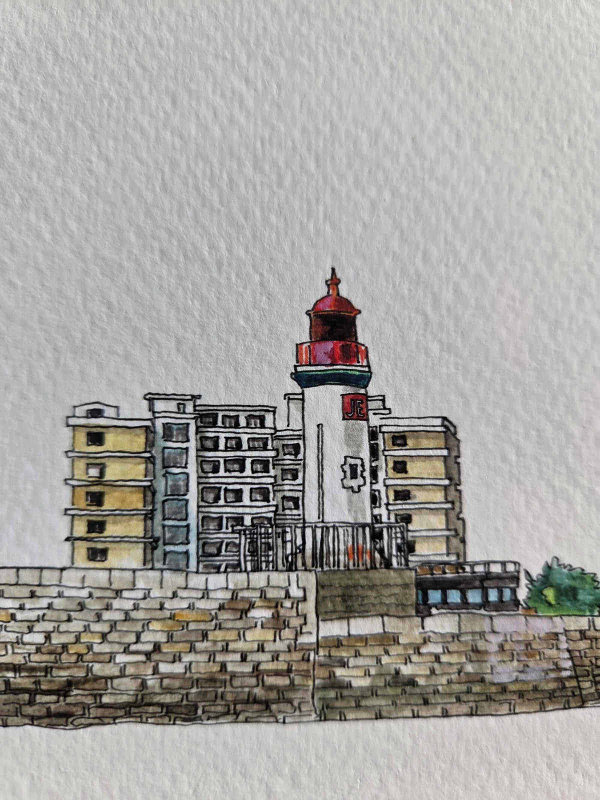 Détail du feu rouge dans l’aquarelle représentant la Jetée des Marées Ouest à Saint-Nazaire