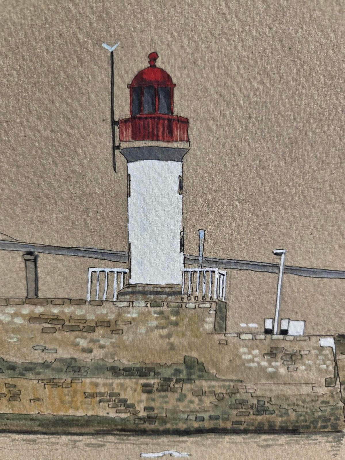 Détail du feu rouge dans l’aquarelle représentant La Pince, jetée Est à Saint-Nazaire