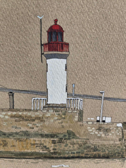 Détail du feu rouge dans l’aquarelle représentant La Pince, jetée Est à Saint-Nazaire