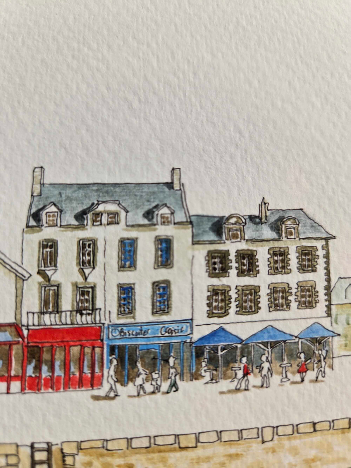 Détail des commerces dans l’aquarelle représentant les quais du Croisic 1/2