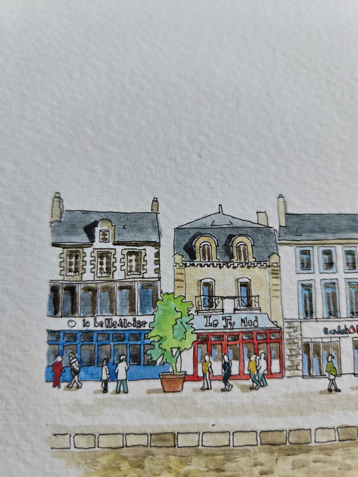 Détail des commerces dans l’aquarelle représentant les quais du Croisic 2/2