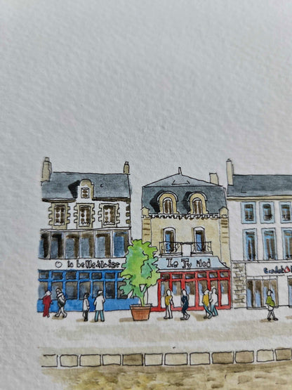Détail des commerces dans l’aquarelle représentant les quais du Croisic 2/2