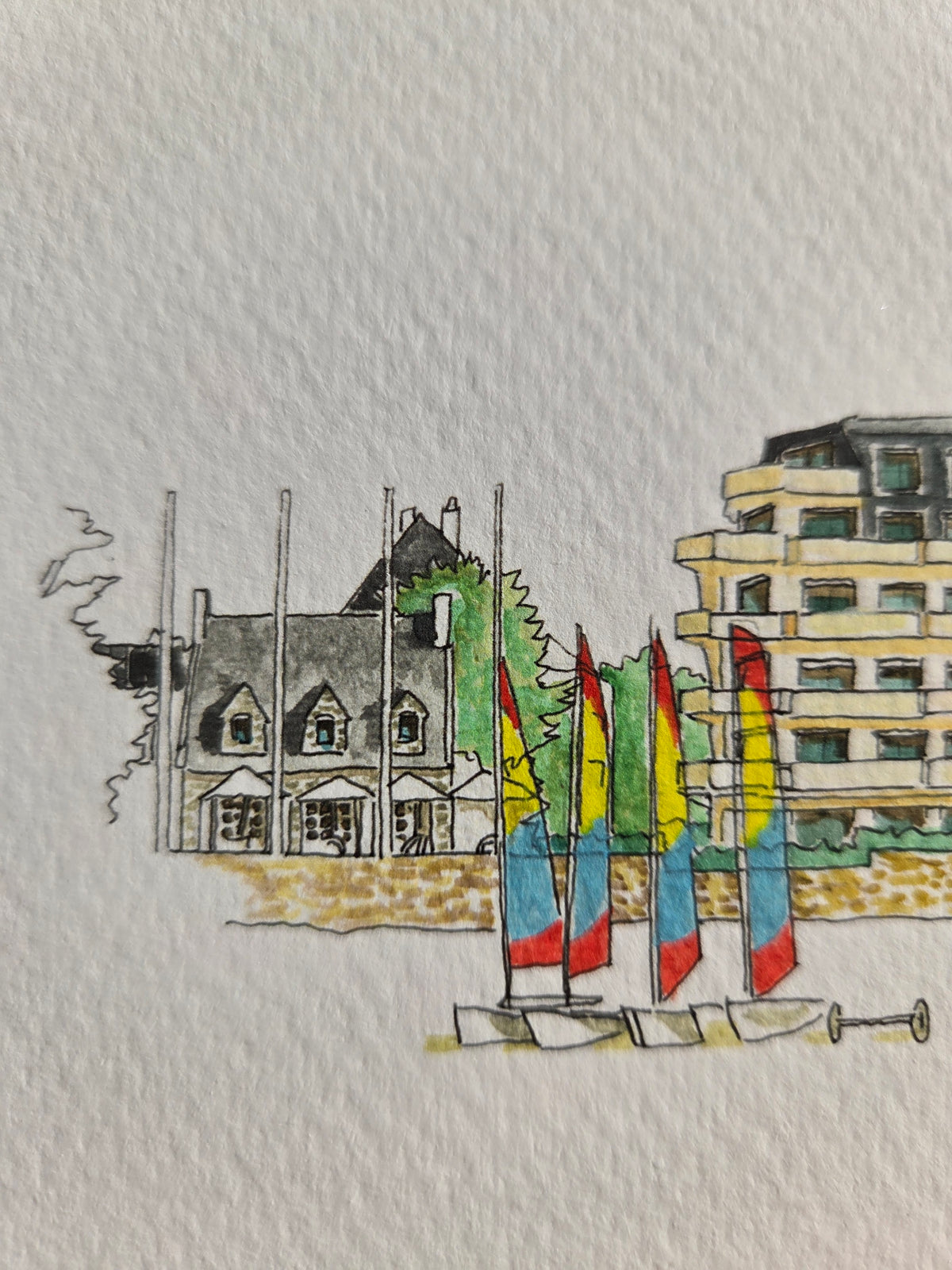 Détail du Yacht Club dans l’aquarelle représentant la plage Benoît à La Baule