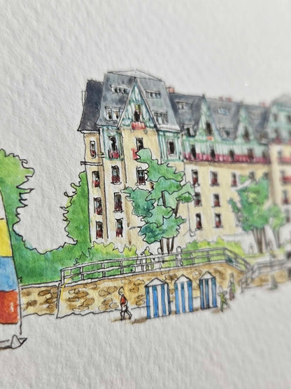 Détail de l’Hermitage dans l’aquarelle représentant la plage Benoît et l’Hermitage à La Baule