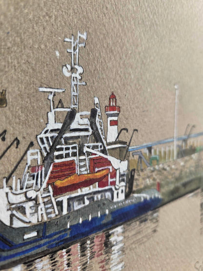 Détail d’un remorqueur dans l’aquarelle représentant la Jetée Ouest à Saint-Nazaire