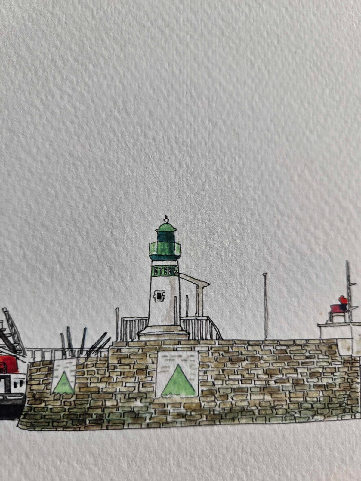 Détail du feu vert dans l’aquarelle représentant la Jetée des Marées Ouest à Saint-Nazaire
