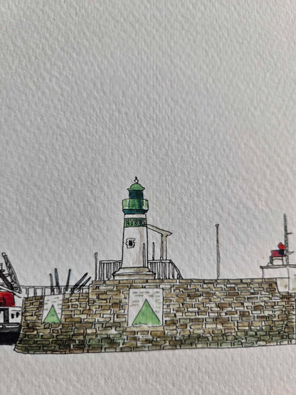 Détail du feu vert dans l’aquarelle représentant la Jetée des Marées Ouest à Saint-Nazaire