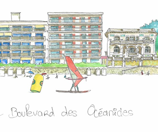Tableau, aquarelle, Gérard Lusteau, Pornichet, cadeau, artiste, paysages, aquarelle originale, idée décoration, décoration, idée cadeau, immeubles en vague