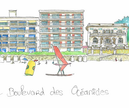Tableau, aquarelle, Gérard Lusteau, Pornichet, cadeau, artiste, paysages, aquarelle originale, idée décoration, décoration, idée cadeau, immeubles en vague