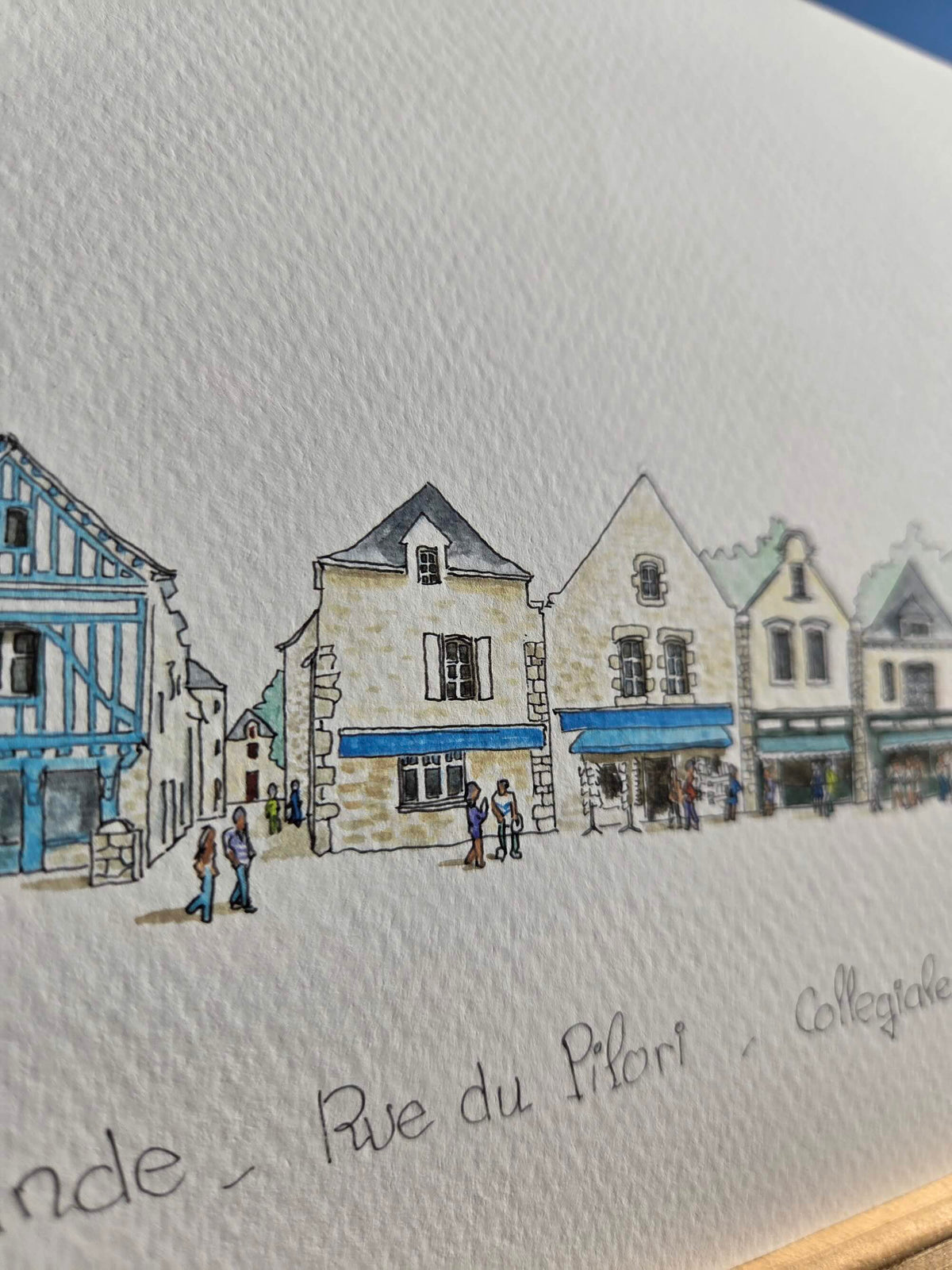 Détail du titre de l’aquarelle représentant la place du Pilori à Guérande