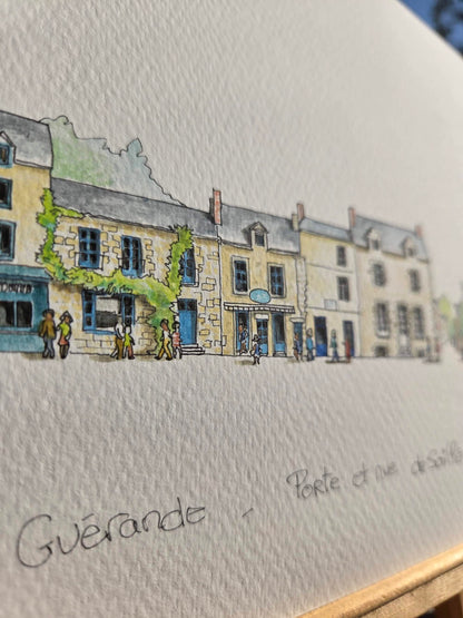Détail du titre de l’aquarelle représentant la Porte de Saillé à Guérande