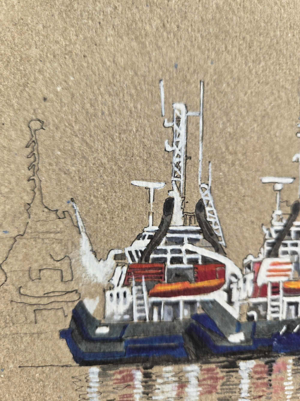 Autre détail d’un remorqueur dans l’aquarelle représentant la Jetée Ouest à Saint-Nazaire