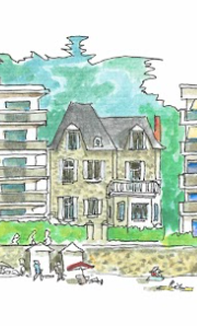 Tableau, aquarelle, Gérard Lusteau, Pornichet, cadeau, artiste, paysages, aquarelle originale, idée décoration, décoration, idée cadeau, immeubles en vague