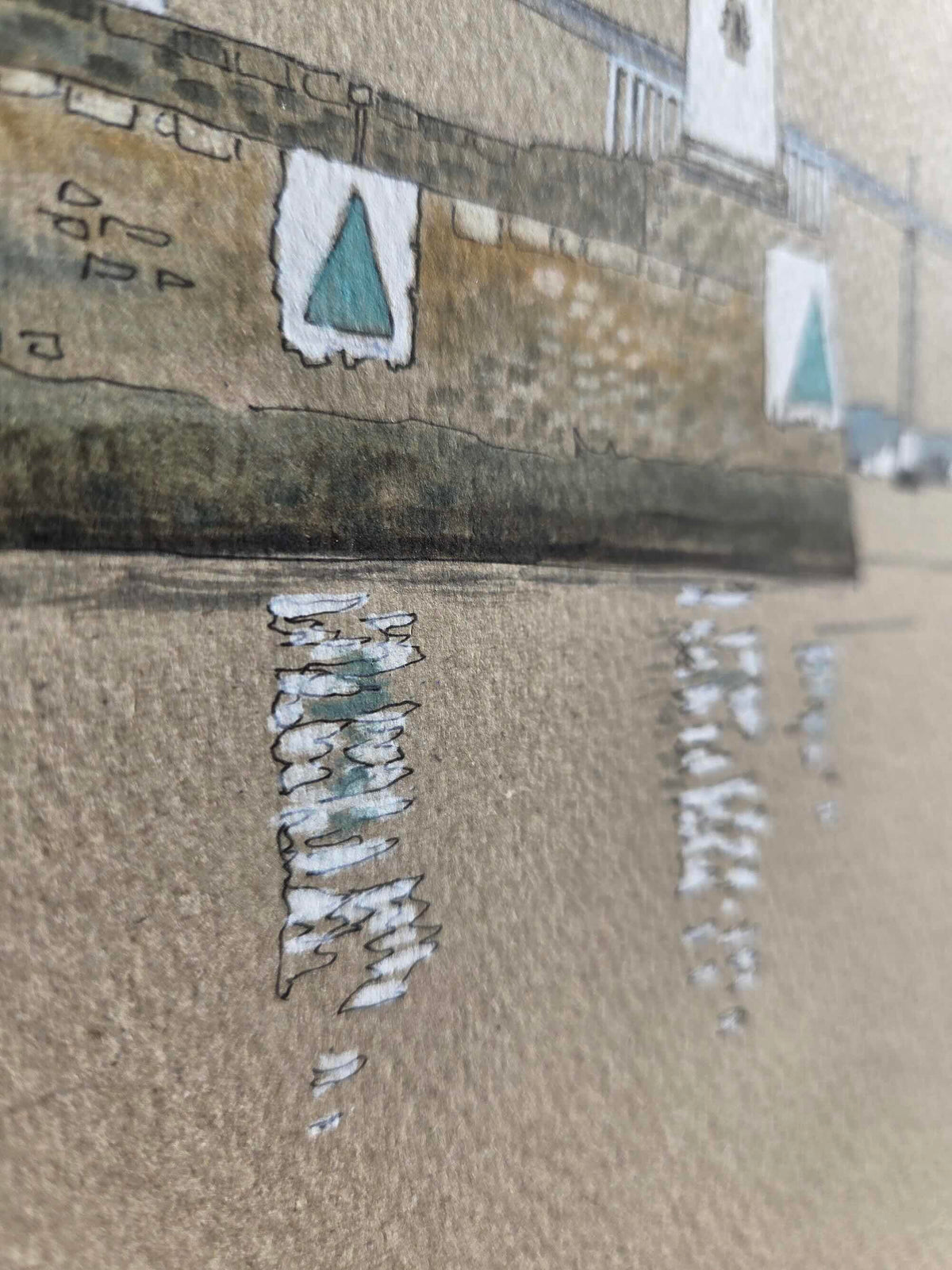 Détail des reflets dans l’aquarelle représentant La Pince, jetée Est à Saint-Nazaire
