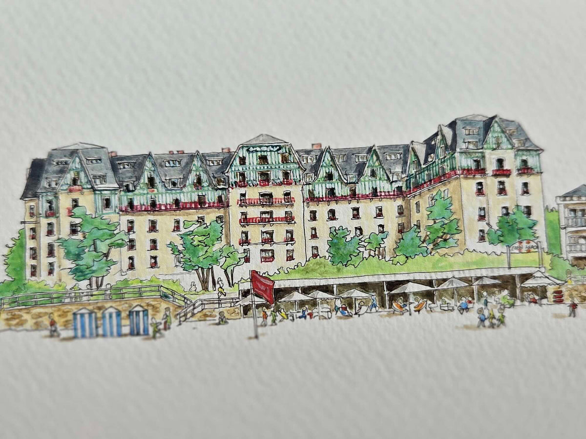 Détail de l’Hermitage dans l’aquarelle représentant la plage Benoît et l’Hermitage à La Baule