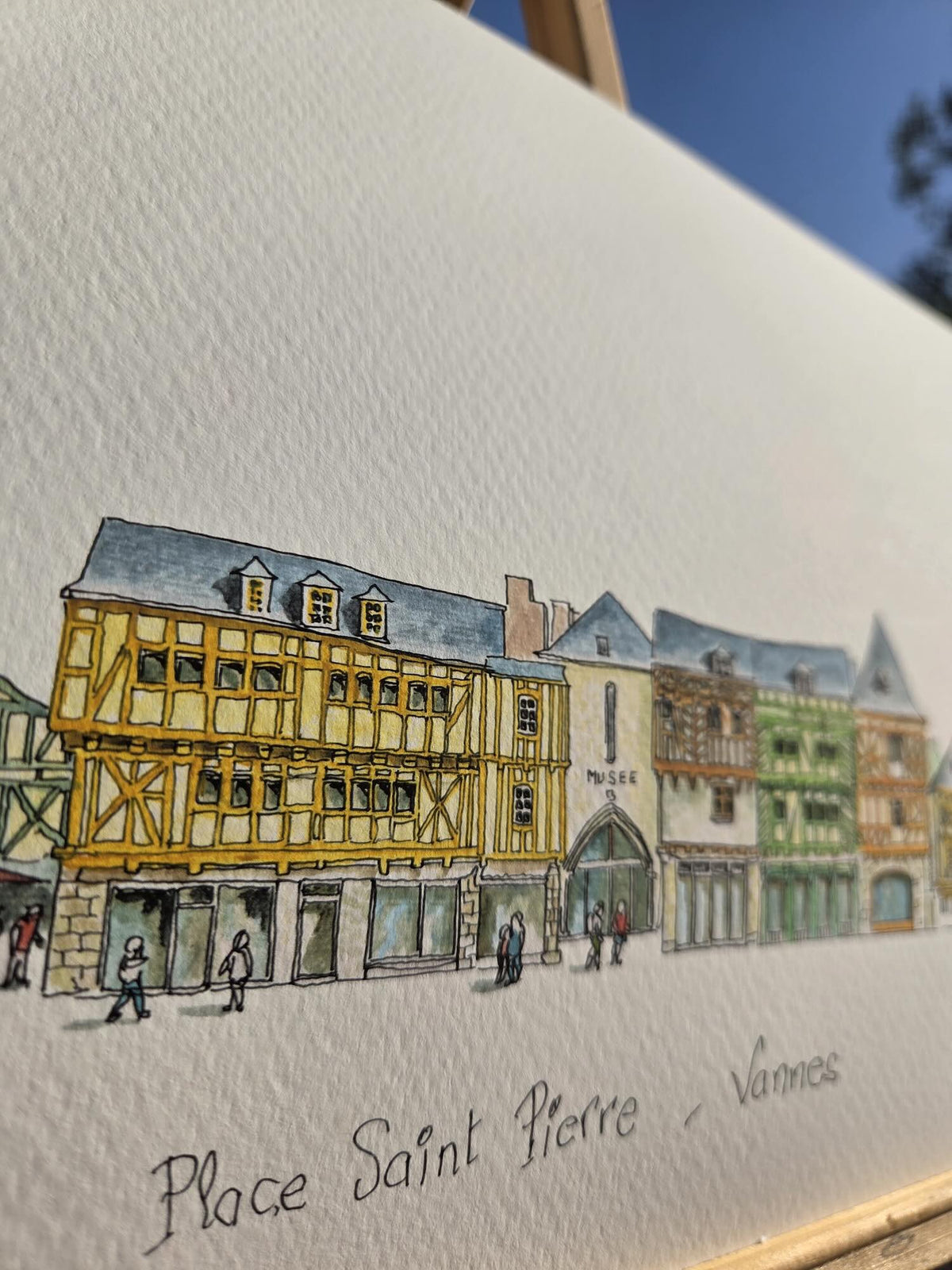 Détail du titre de l’aquarelle représentant la place Saint-Pierre à Vannes