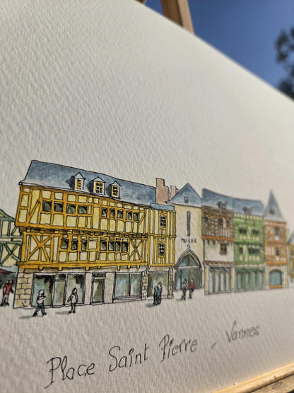 Détail du titre de l’aquarelle représentant la place Saint-Pierre à Vannes